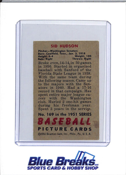 1951 Bowman - Sid Hudson - #169 - baseball - Senators/Twins