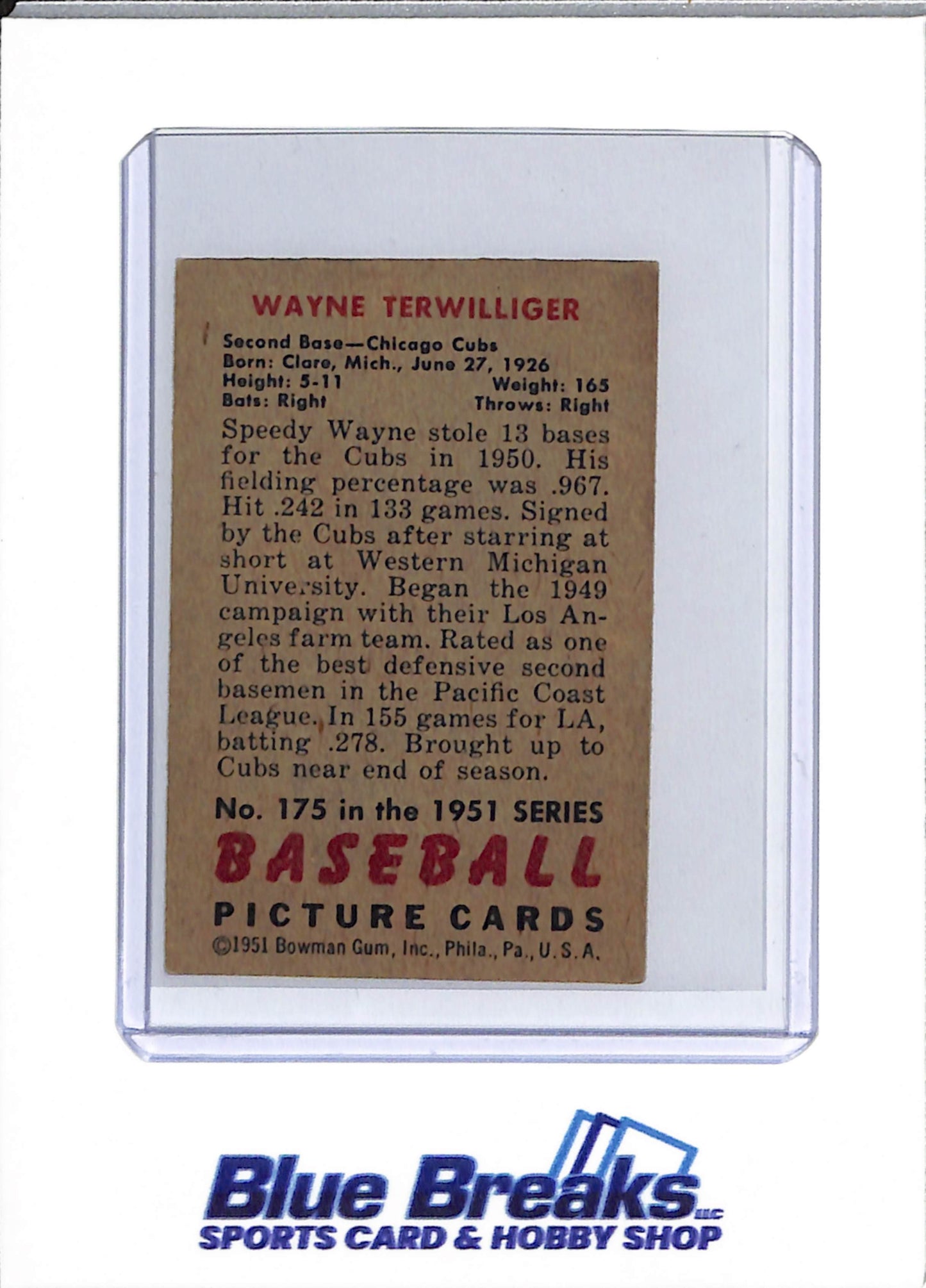 1951 Bowman - Wayne Terwilliger - #175 - baseball - Cubs
