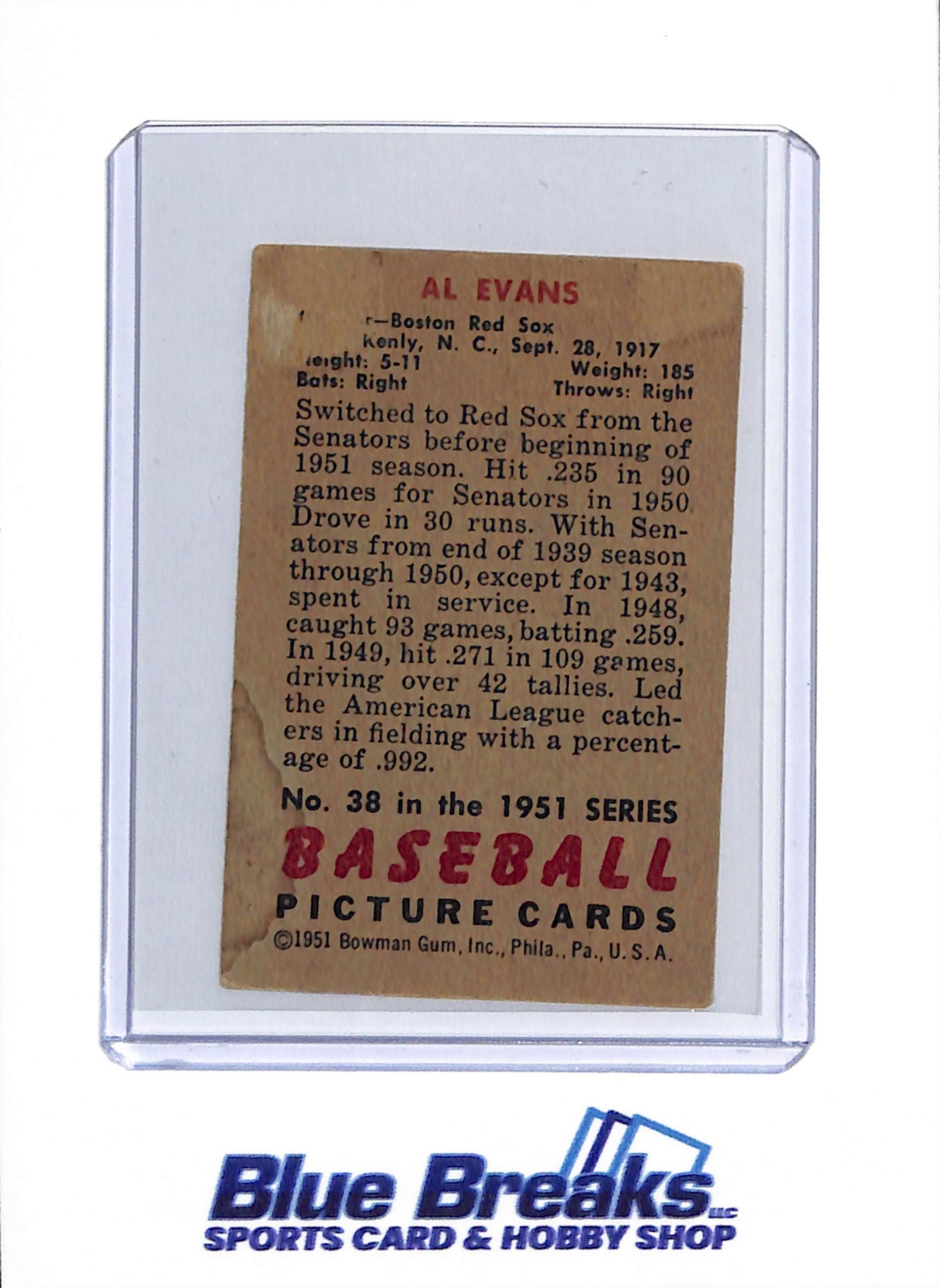 1951 Bowman - Al Evans - #38 - baseball - Red Sox