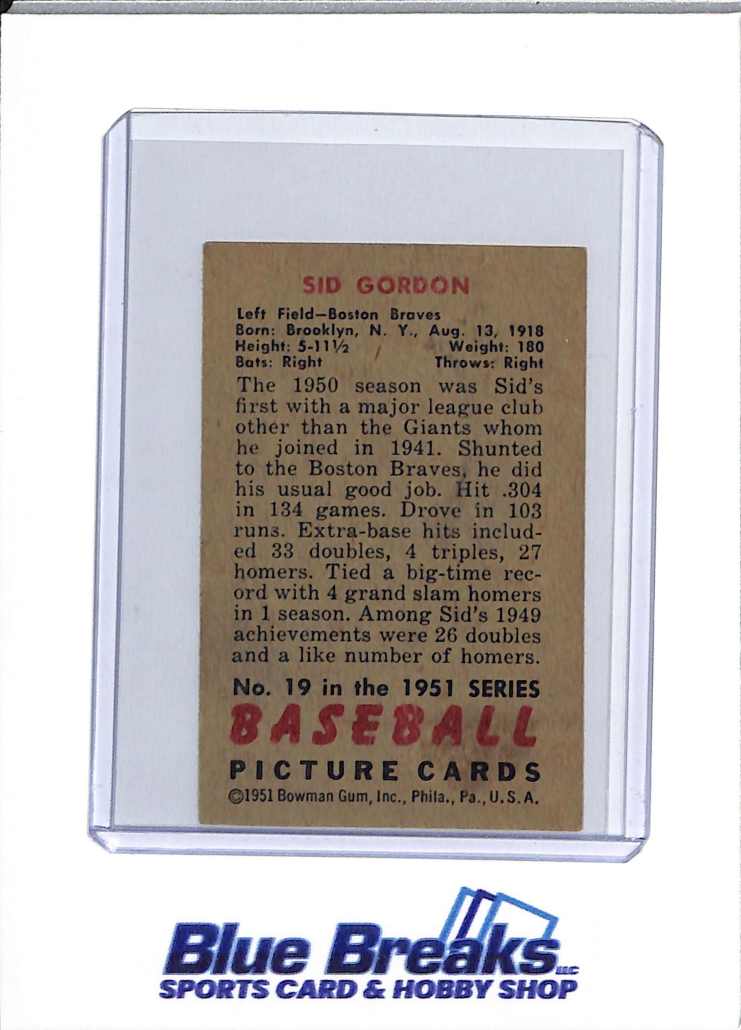 1951 Bowman - Sid Gordan - #19 - baseball - Braves