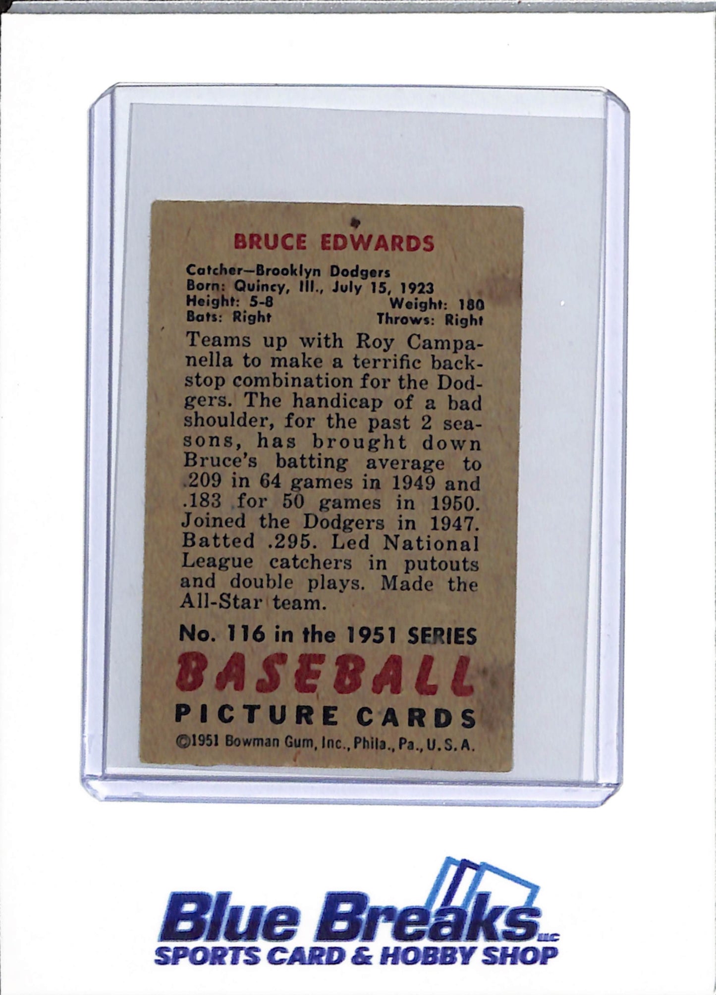 1951 Bowman - Bruce Edwards - #116 - baseball - Dodgers