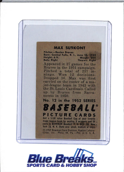 1952 Bowman - Max Surkont - #12 - baseball - Braves