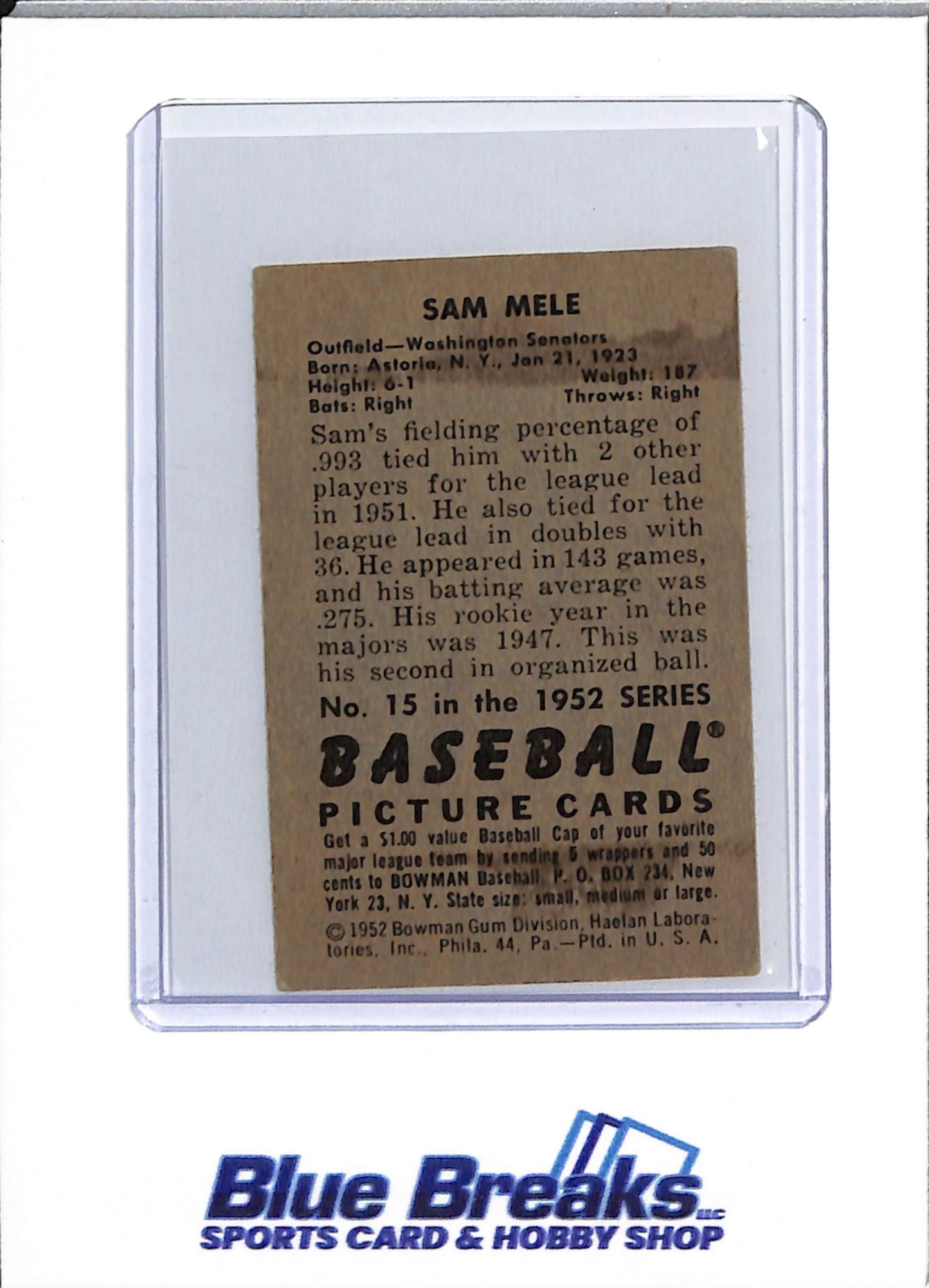 1952 Bowman - Sam Mele - #15 - baseball - Senators/Twins