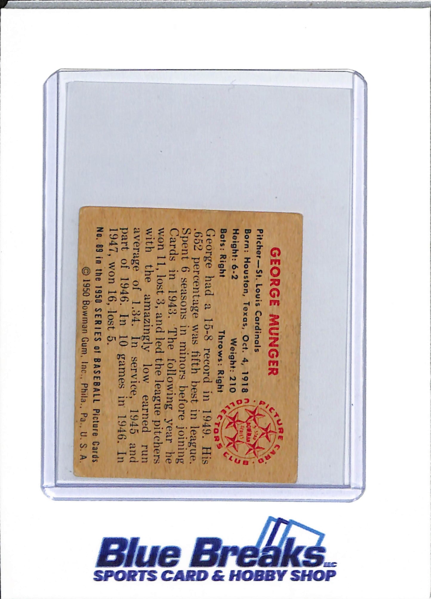 1950 Bowman - George Munger - #89 - baseball - Cardinals
