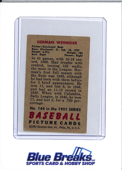 1951 Bowman - Herman Wehmeier - #144 - baseball - Reds