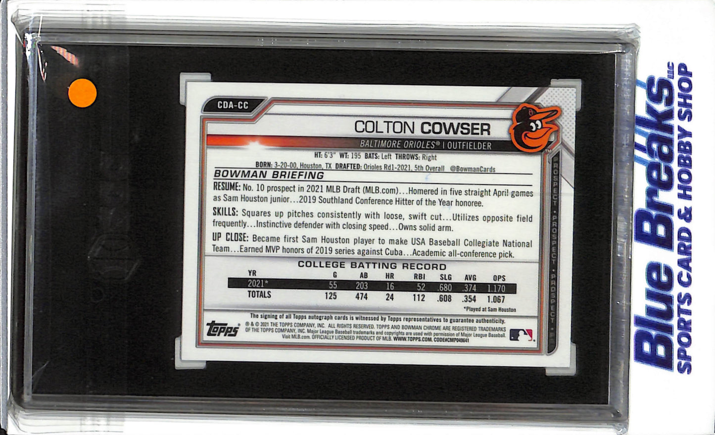2021 Bowman Chrome - Draft - 1st Bowman - Colton Cowser - auto - #CDA-CC - SGC 10 10 - baseball - Orioles