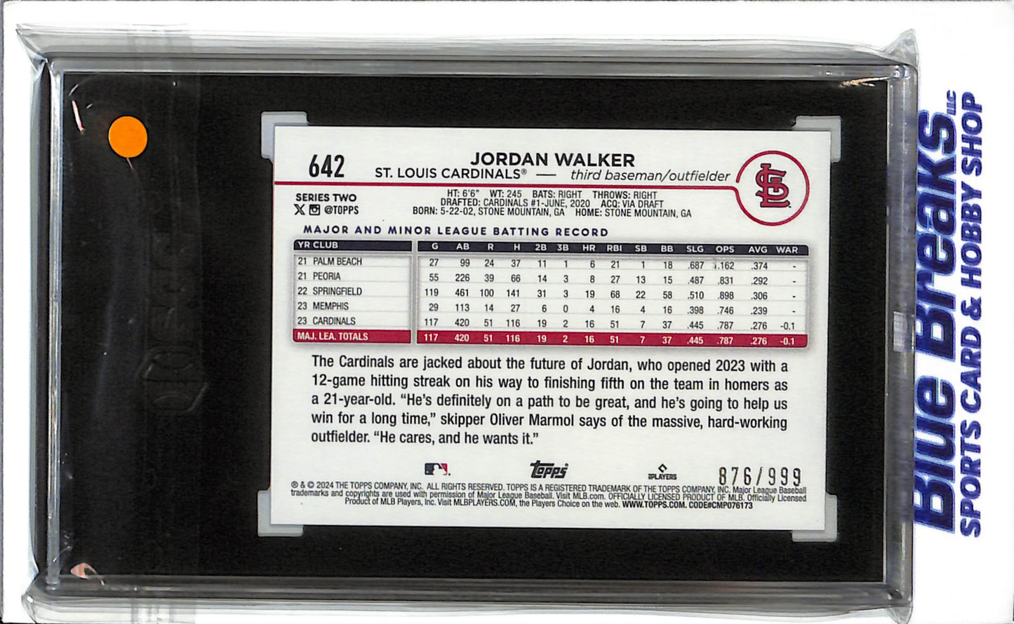 2024 Topps - Future Stars - blue foil - Jordan Walker - 876/999 - #642 - SGC 10 - baseball - Cardinals
