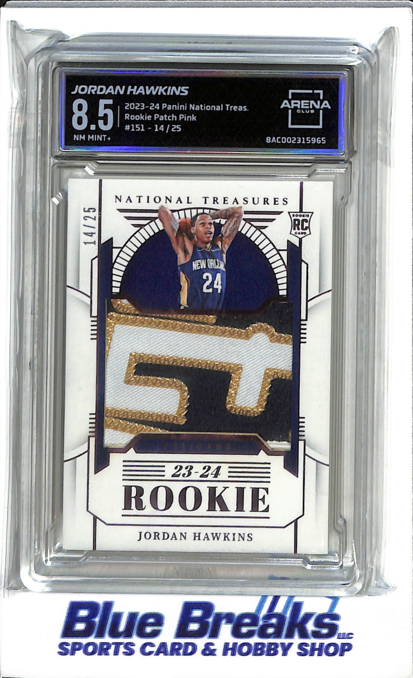 2023-24 Panini - National Treasure - Rookie Patch Pink - Jordan Hawkins - 14/25 - RC - #151 - Arena 8.5 - basketball - Pelicans
