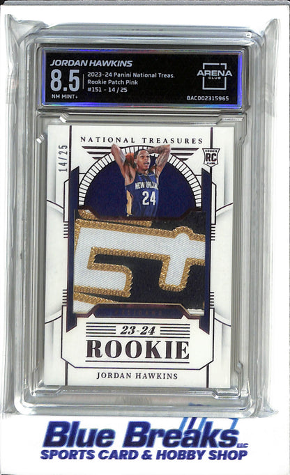 2023-24 Panini - National Treasure - Rookie Patch Pink - Jordan Hawkins - 14/25 - RC - #151 - Arena 8.5 - basketball - Pelicans