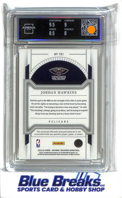 2023-24 Panini - National Treasure - Rookie Patch Pink - Jordan Hawkins - 14/25 - RC - #151 - Arena 8.5 - basketball - Pelicans