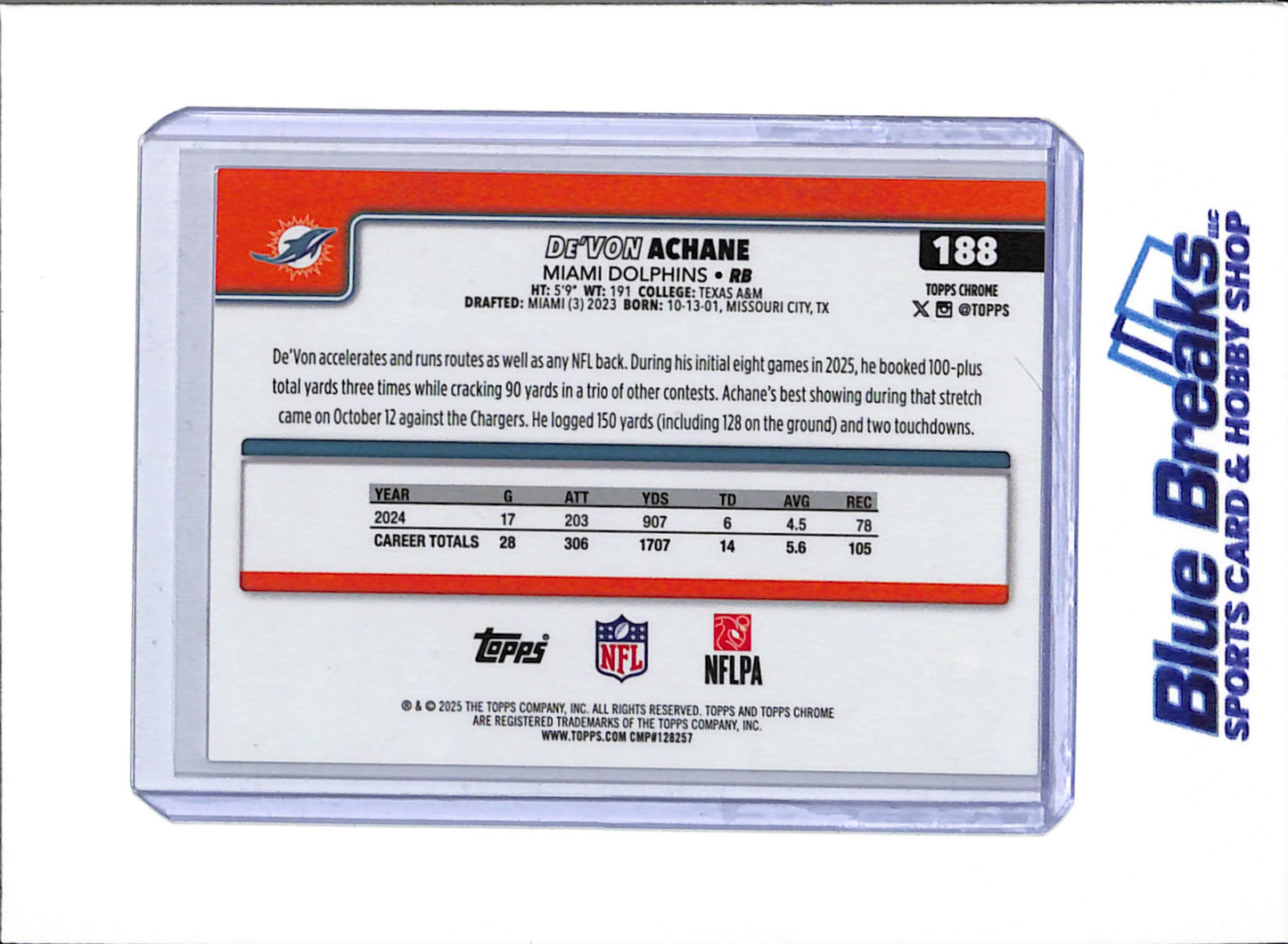 2025 Topps Chrome - refractor - De'Von Achane - 10/30 - #188 - football - Dolphins