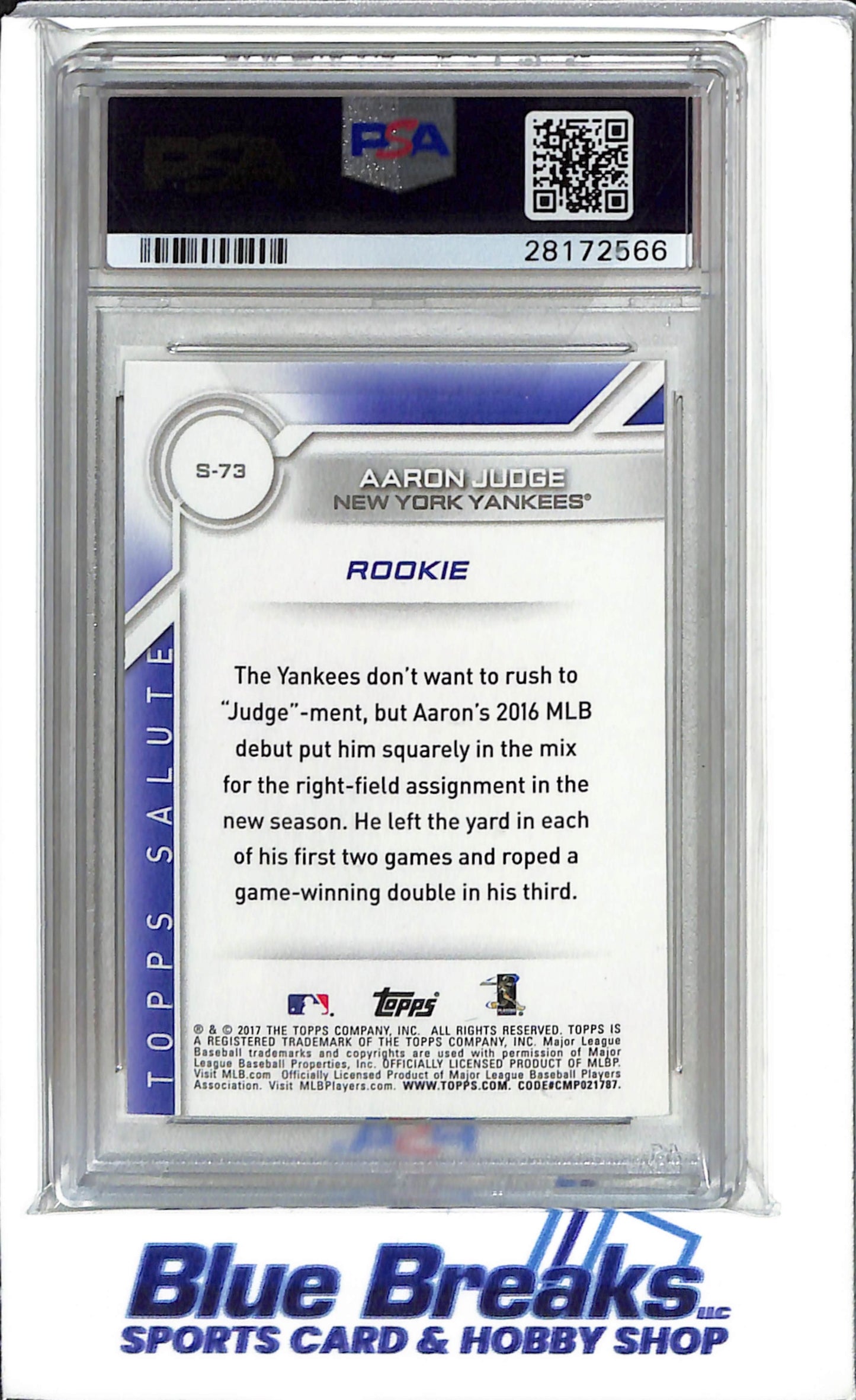 2017 Topps - Salute - Aaron Judge - #S-73 - RC - PSA 10 - baseball - Yankees