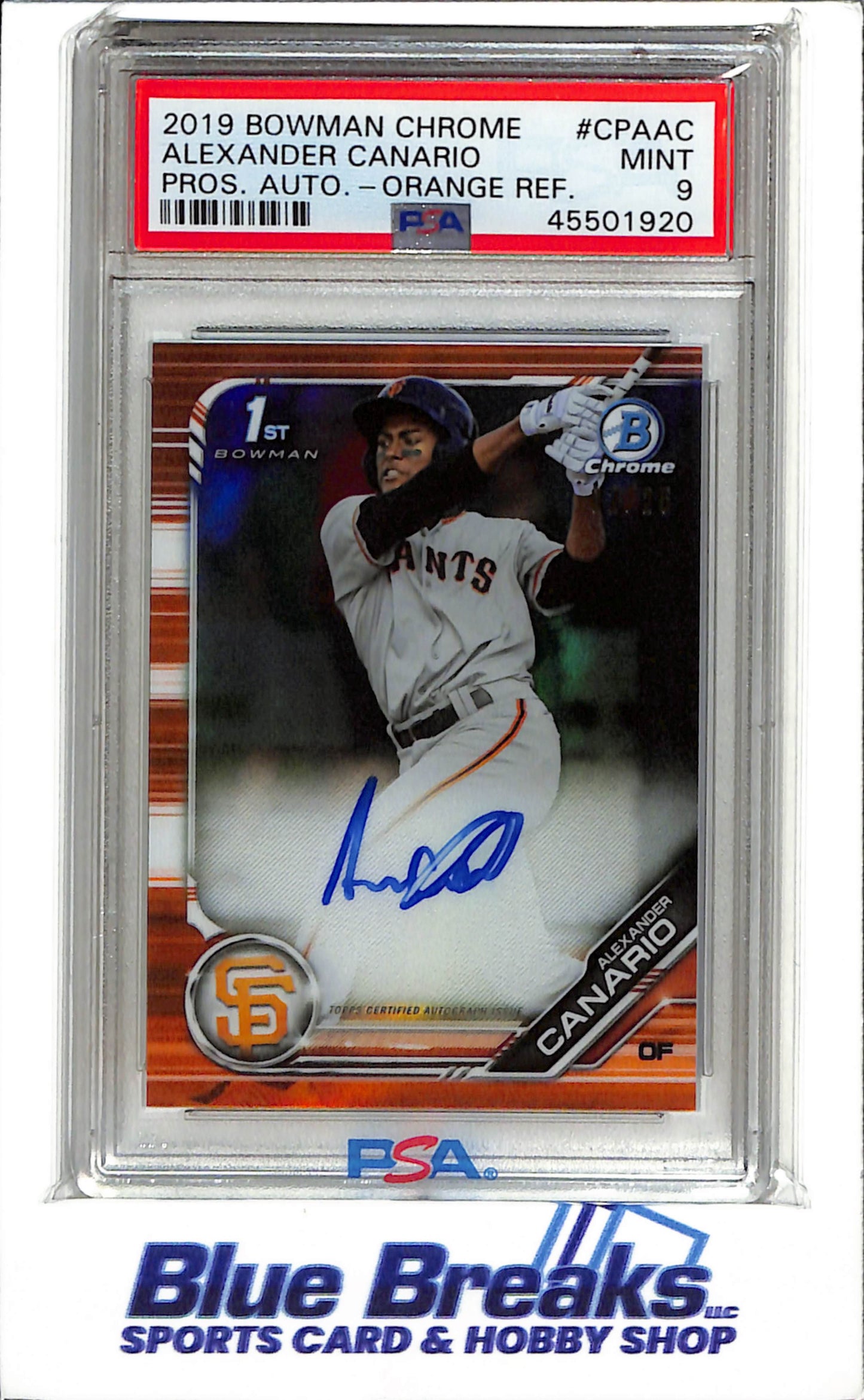 2019 Topps Bowman Chrome - Pros. Auto. Orange Ref. - Alexander Canario - #CPA-AC - PSA 9 - Baseball - Giants
