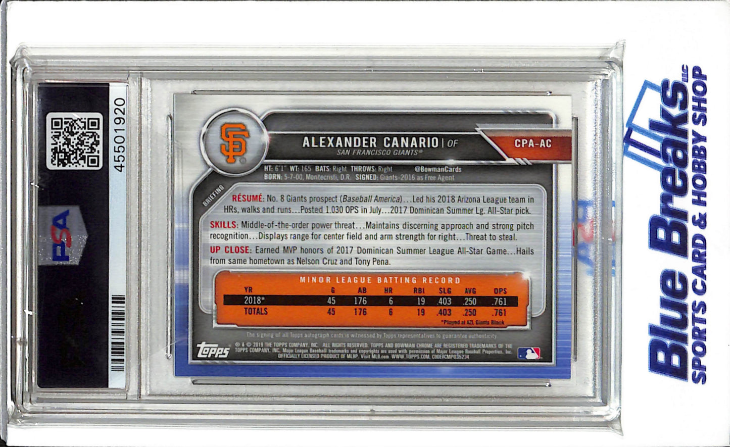 2019 Topps Bowman Chrome - Pros. Auto. Orange Ref. - Alexander Canario - #CPA-AC - PSA 9 - Baseball - Giants