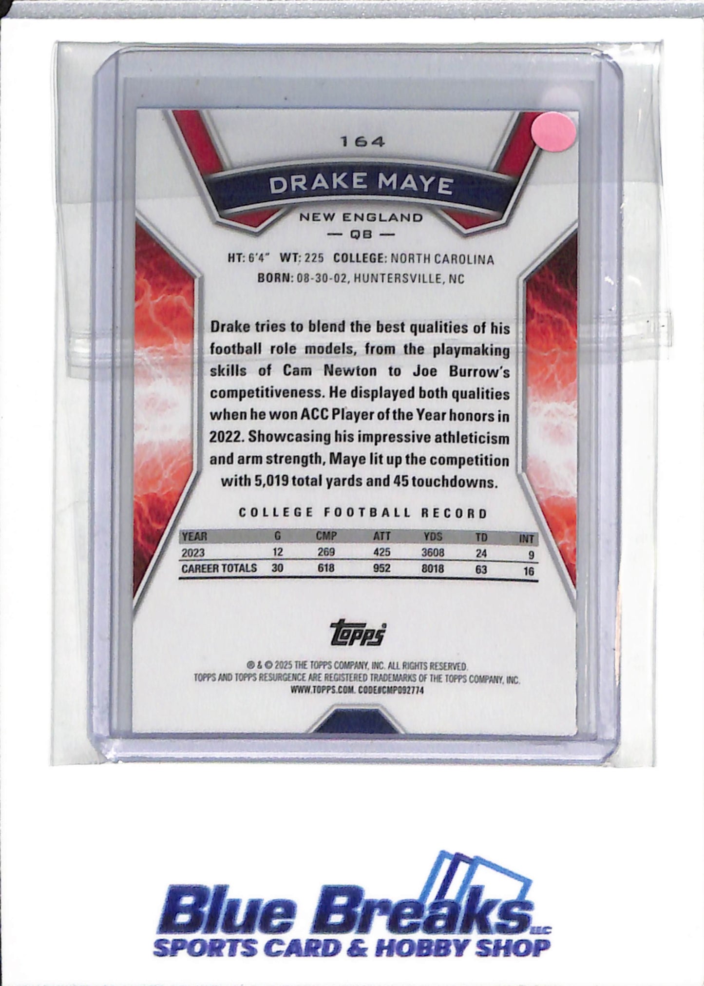 2025 Topps RC - Blue/Pink Shock - Drake Maye - #164 - Football - Patriots