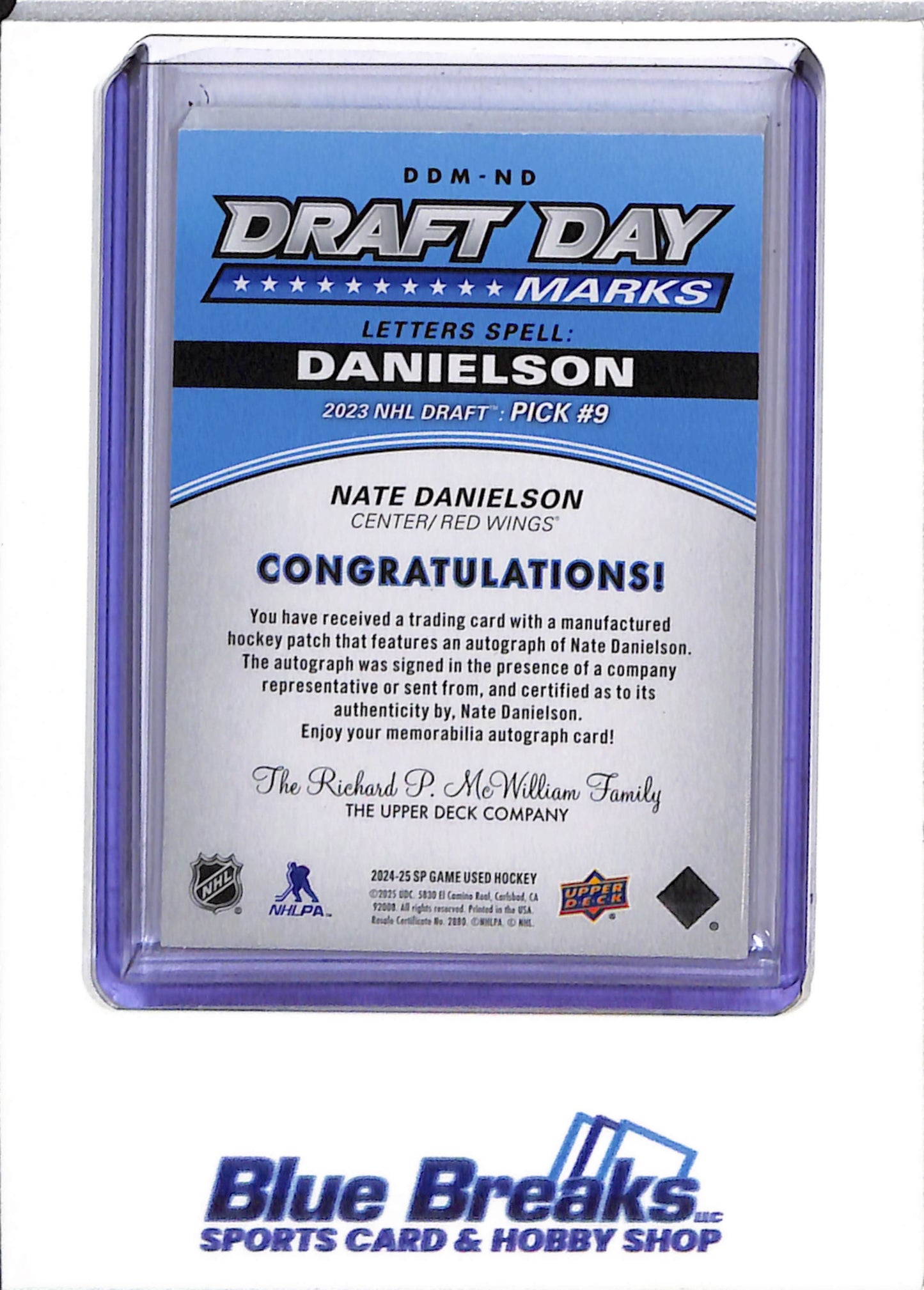 2024-25 Upper Deck Draft Day - Game Used - Nate Danielson - 11/35 - #DDM-ND - Ice Hockey - Red Wings