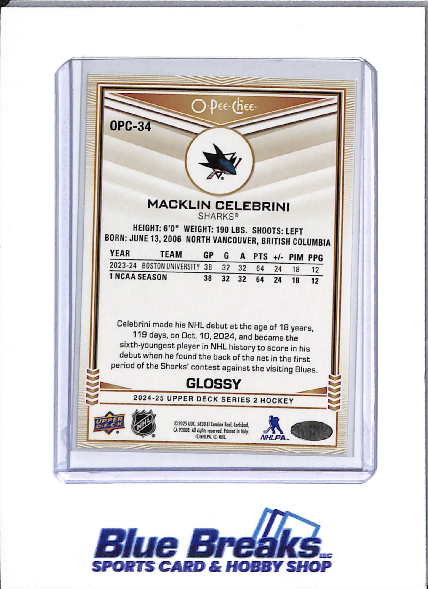 2024-25 Upper Deck - O-Pee-Chee Gold - Macklin Celebrini - #OPC-34 - Glossy - Ice Hockey - Sharks