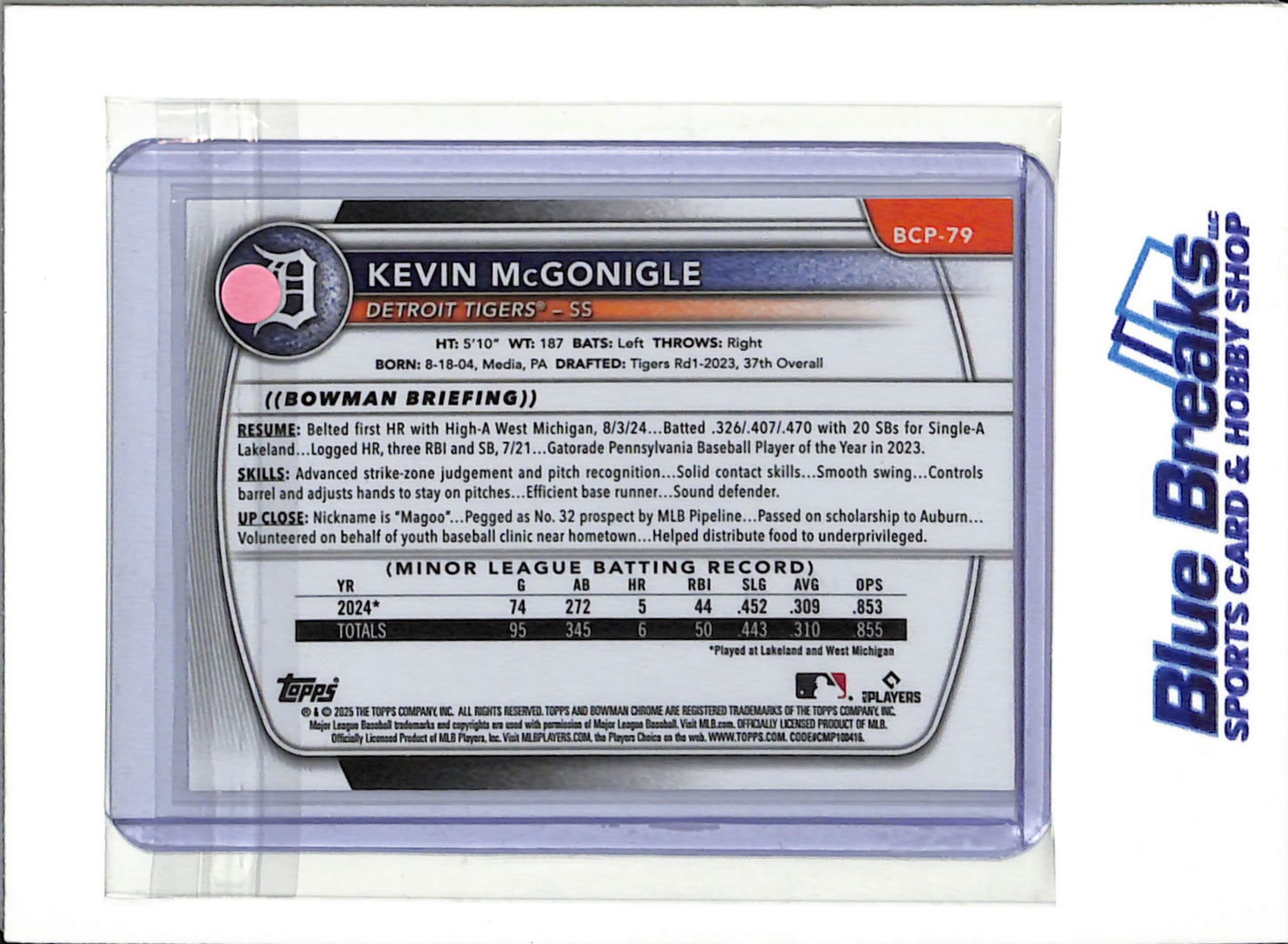 2025 Bowman Chrome - Prospects Silver - Kevin McGonigle - #BCP-79 - Baseball - Tigers