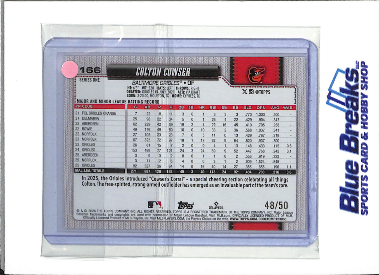 2026 Topps 75 - Series One Gold Glitter - Colton Cowser - 48/50 - #166 - Baseball - Orioles
