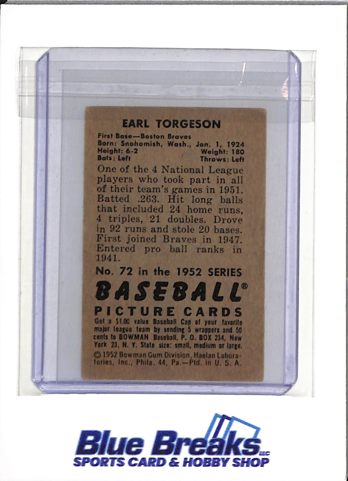 1952 Bowman - Earl Torgeson - #72 - Baseball - Boston Braves - Red Sox