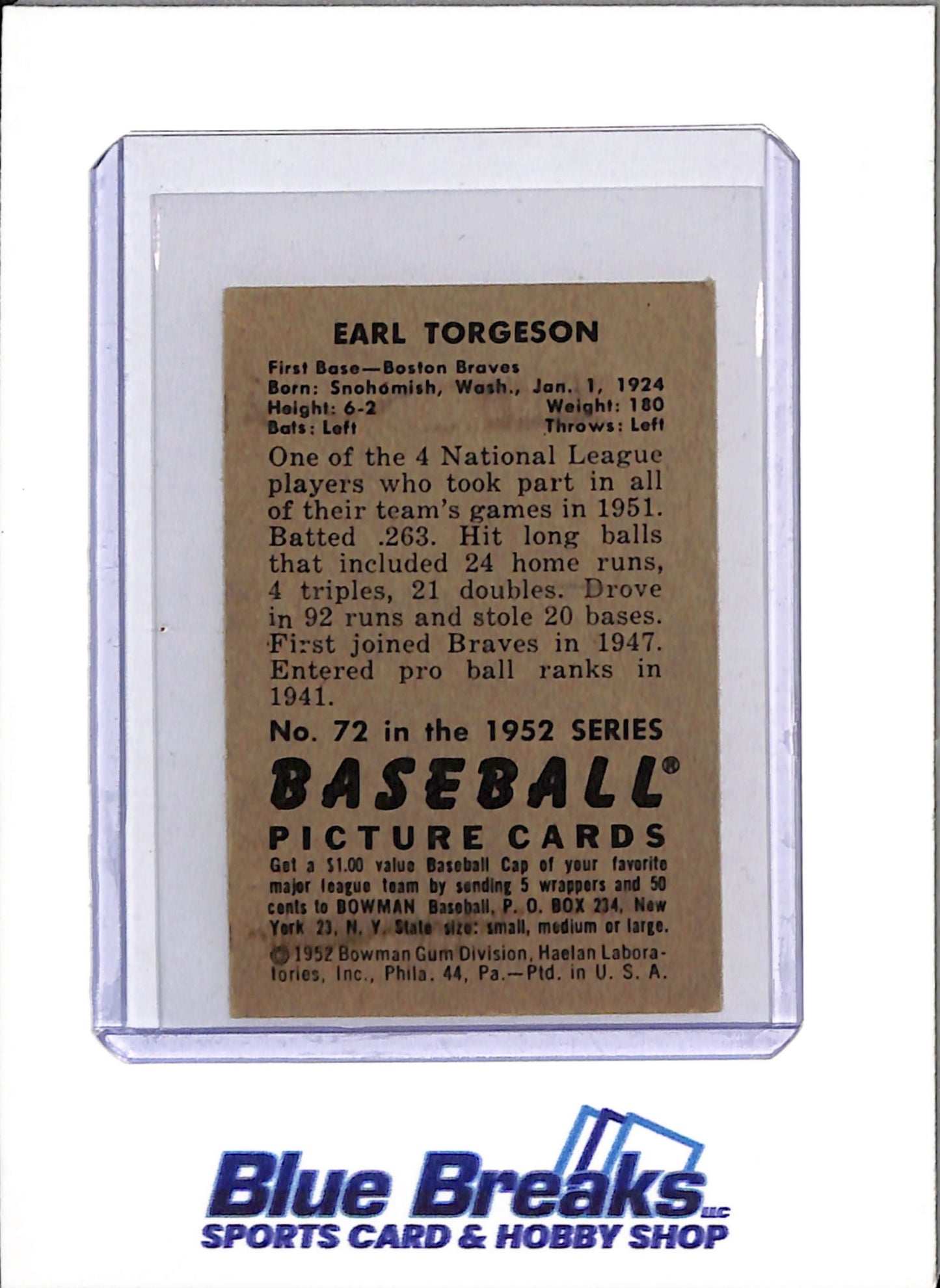1952 Bowman - Earl Torgeson - #72 - Baseball - Boston Braves - Red Sox