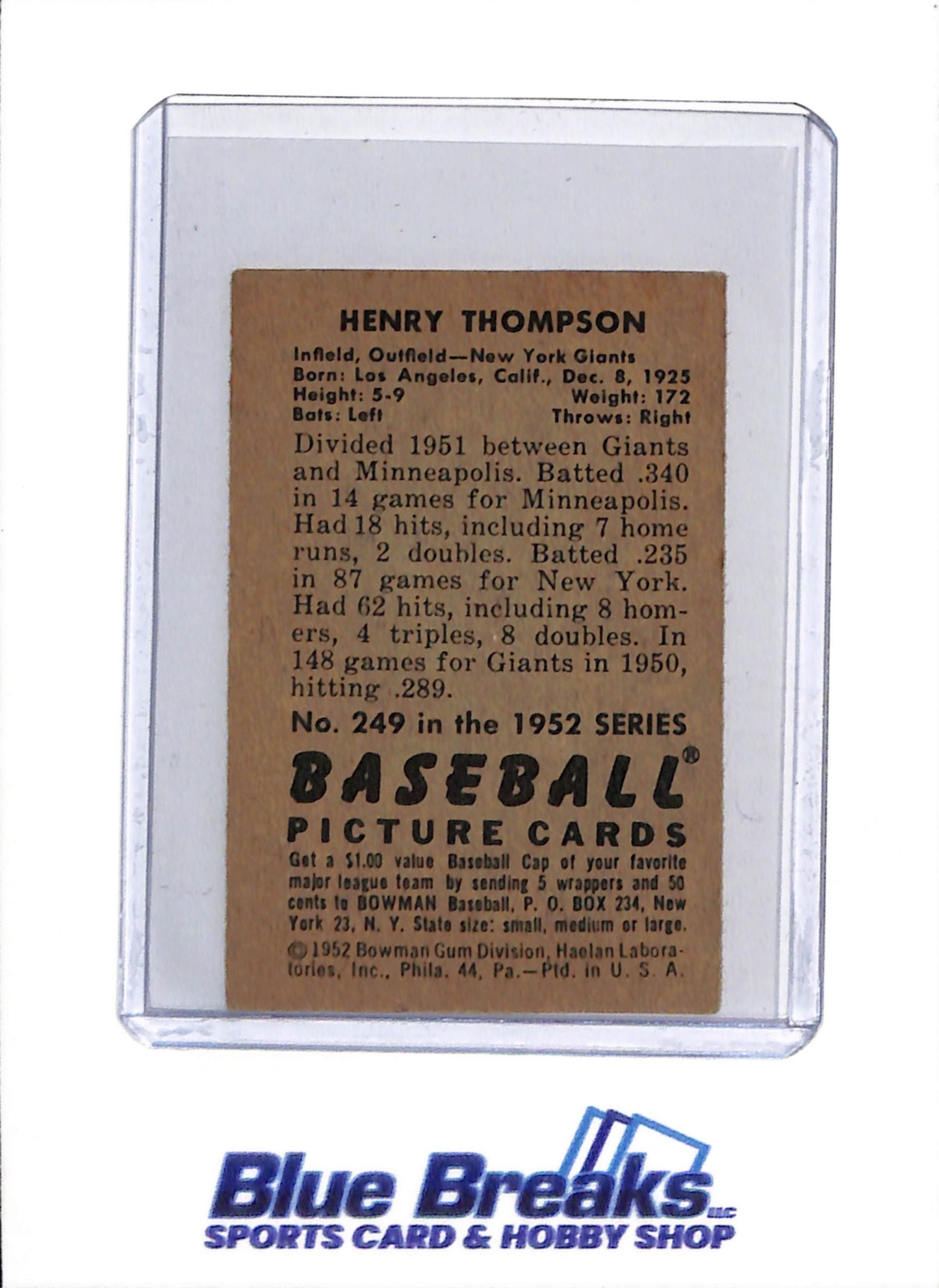 1952 Bowman - Henry Thompson - #249 - Baseball - New York - San Francisco Giants