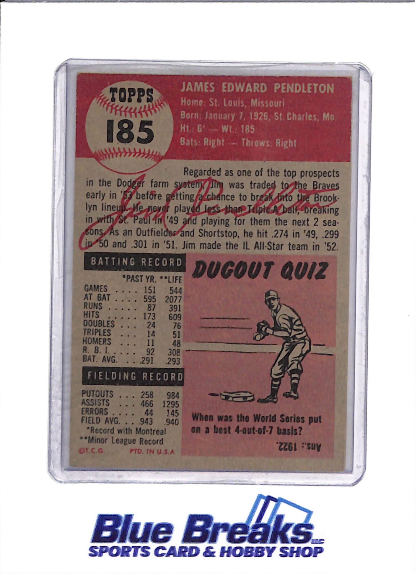 1953 Topps - Jim Pendleton - #185 - Baseball - Braves