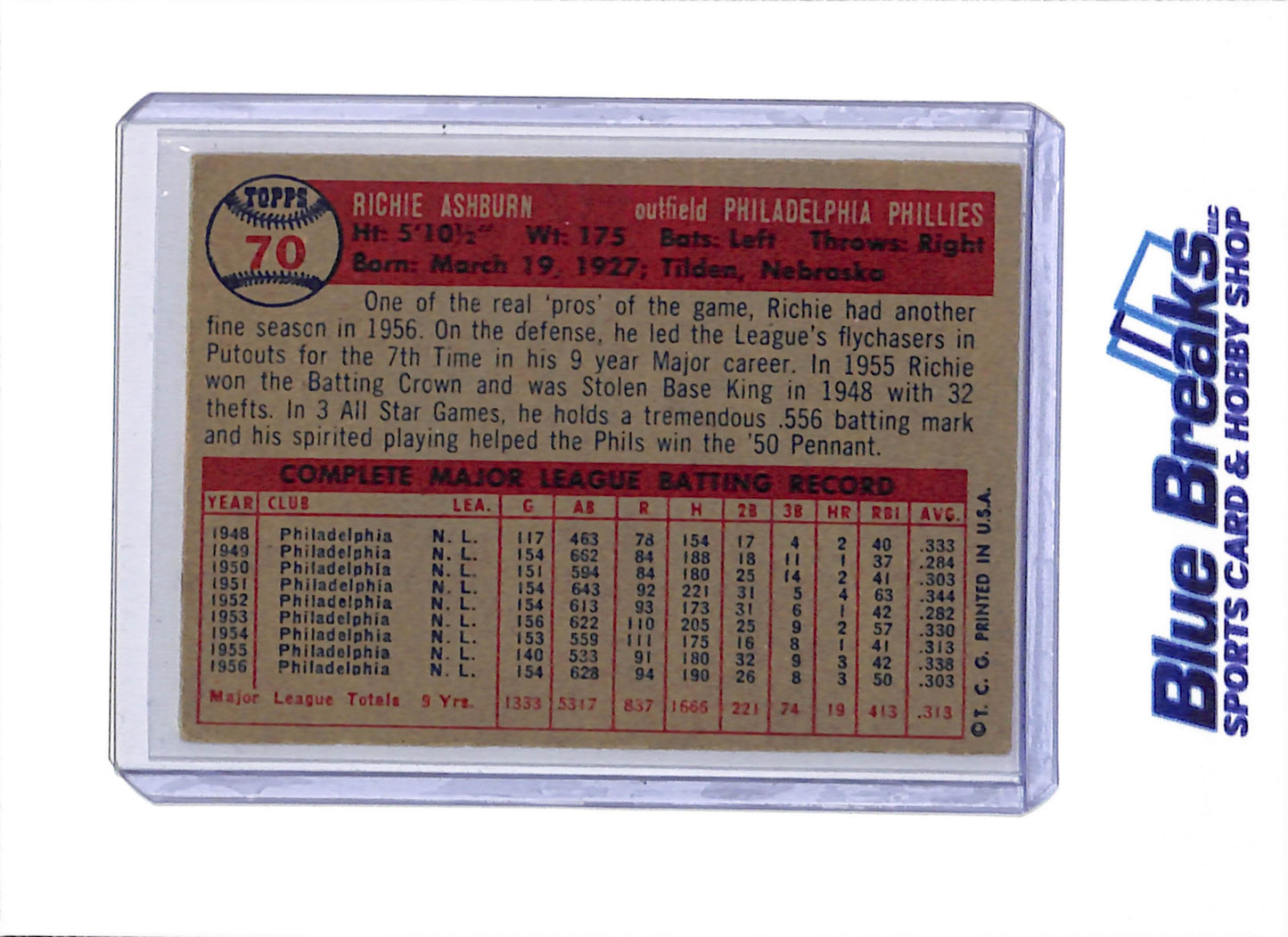 1957 Topps - Richie Ashburn - #70 - Baseball - Phillies