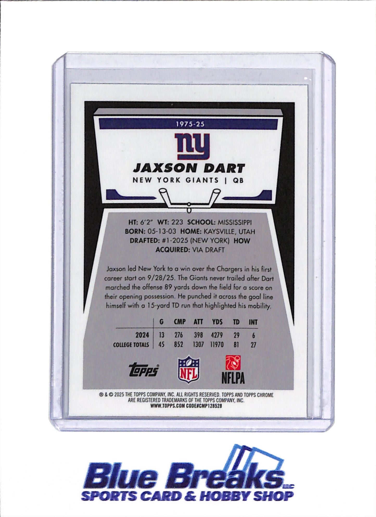 2025 Topps Chrome - Rookie Card - Silver - Jaxson Dart - #1975-25 - Football - Giants
