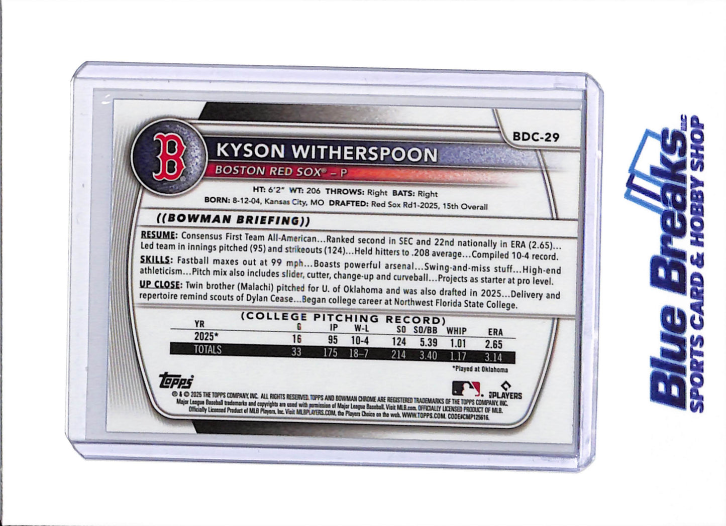 2025 Topps Bowman Chrome - Blue Refractor - Kyson Witherspoon - 110/150 - #BDC-29 - Baseball - Red Sox