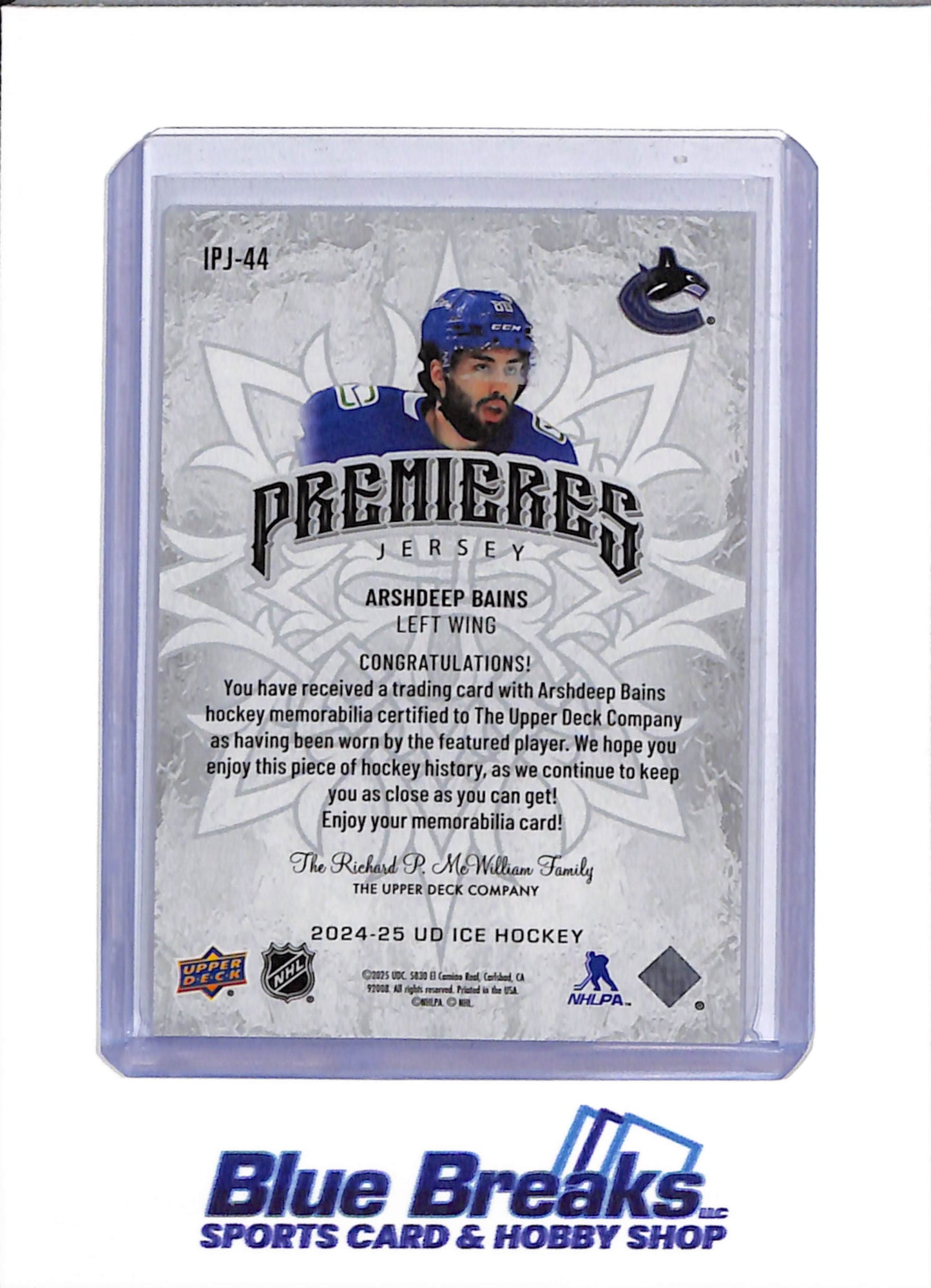 2024-25 Upper Deck - Premieres Jersey - Arshdeep Bains - #IPJ-44 - Ice Hockey - Canucks
