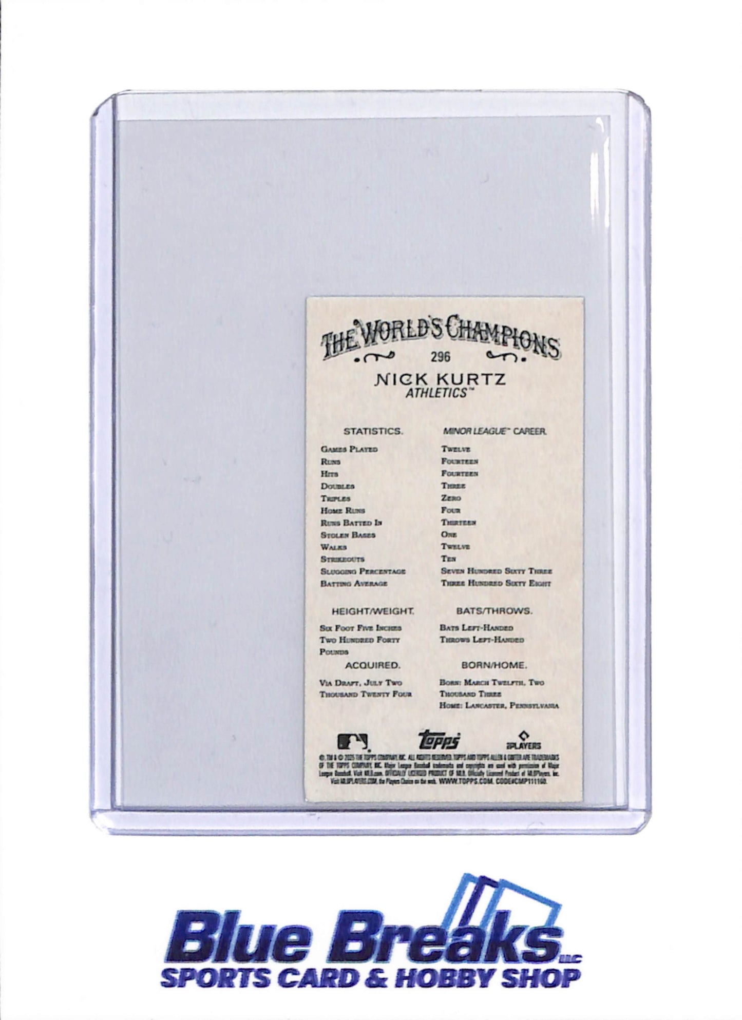 2025 Topps - Allen & Ginter - black border - Mini Rookie Card - Nick Kurtz - #296 - Baseball - Athletics