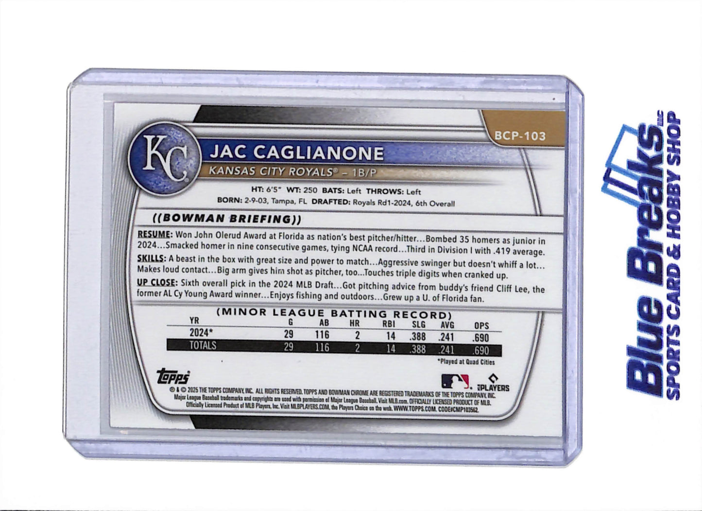 2025 Topps Bowman Chrome - Prospects - Pink Refractor - Jac Caglianone - 150/299 - #BCP-103 - Baseball - Royals