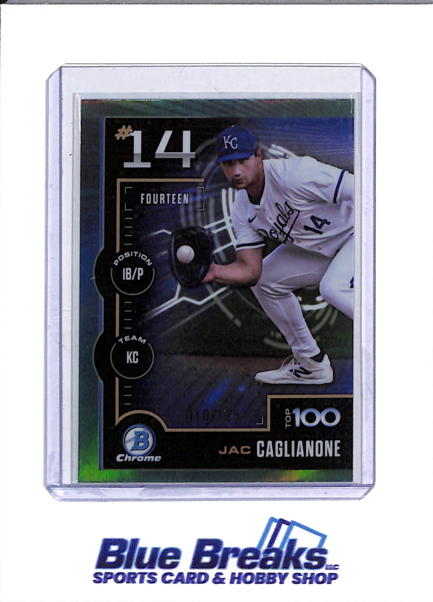 2025 Topps Bowman Chrome - Top 100 - Aqua - Jac Caglianone - 010/125 - #BTP-14 - Baseball - Royals
