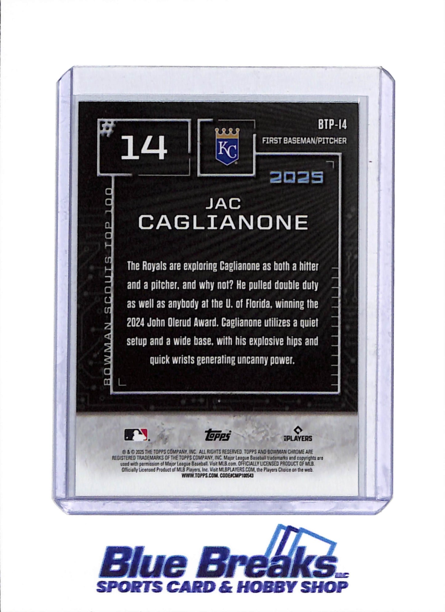 2025 Topps Bowman Chrome - Top 100 - Aqua - Jac Caglianone - 010/125 - #BTP-14 - Baseball - Royals