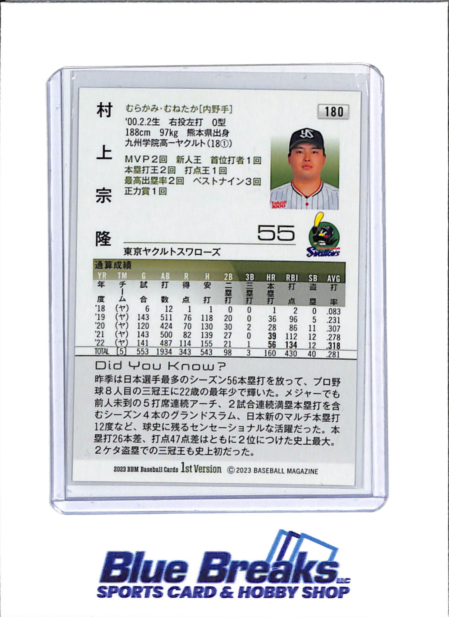 2023 BBM - 1st Version - Munetaka Murakami - #180 - Baseball - Tokyo Yakult Swallows - White Sox