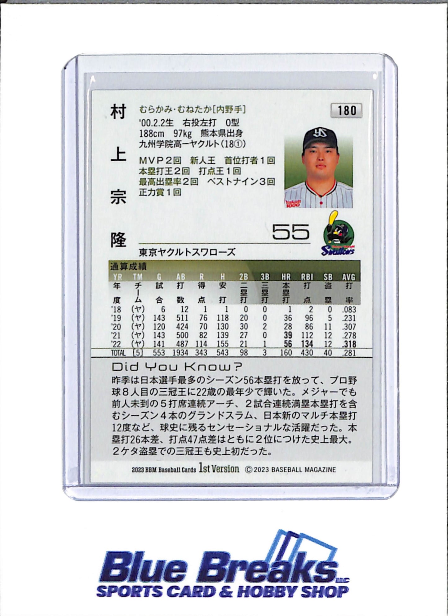2023 BBM - 1st Version - Munetaka Murakami - #180 - Baseball - Tokyo Yakult Swallows - White Sox