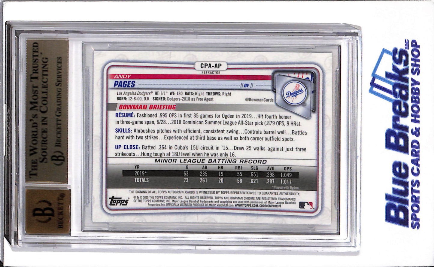 2020 Topps Bowman - Chrome Prospects - Auto - Refractors - Andy Pages - #CPA-AP - Beckett 9.5 - Beckett Auto 10 - Baseball - Dodgers