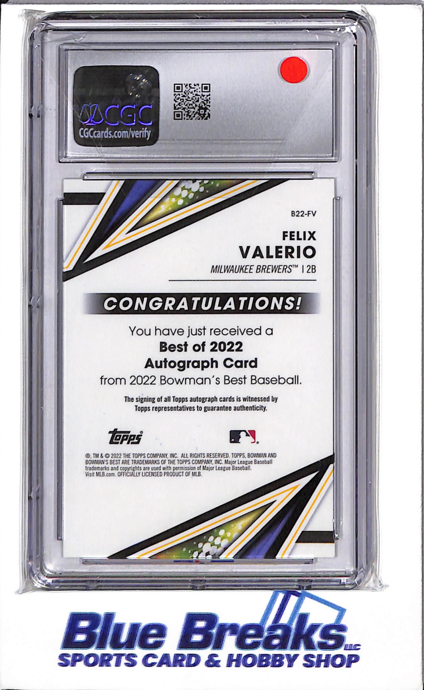 2022 Topps Bowman's Best - Best of '22 Auto - Felix Valerio - #B22-FV - CGC9 - Baseball - Brewers
