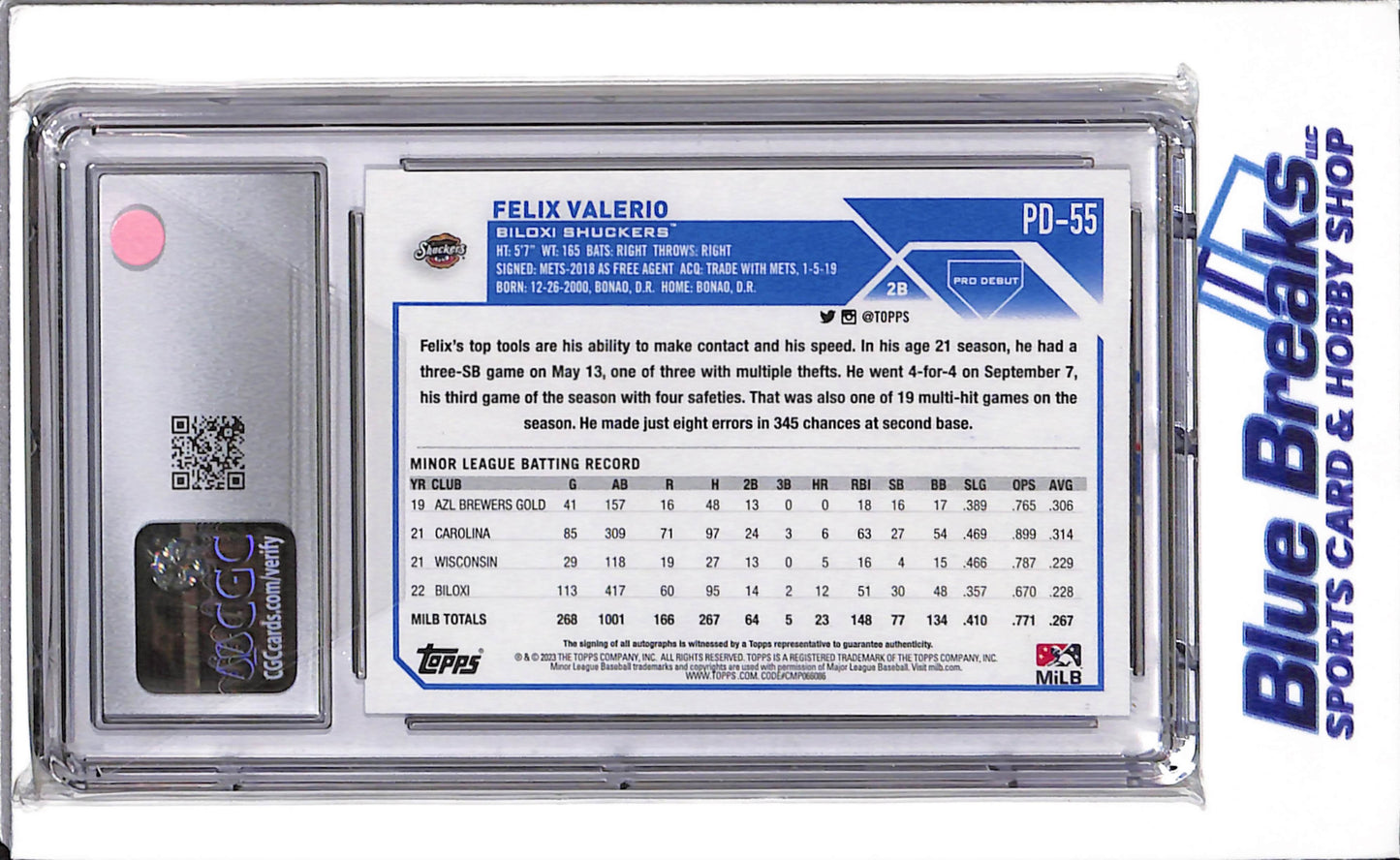 2023 Topps - Pro Debut - Autographs - Felix Valerio - #PD-55 - CGC10 - Baseball - Shuckers