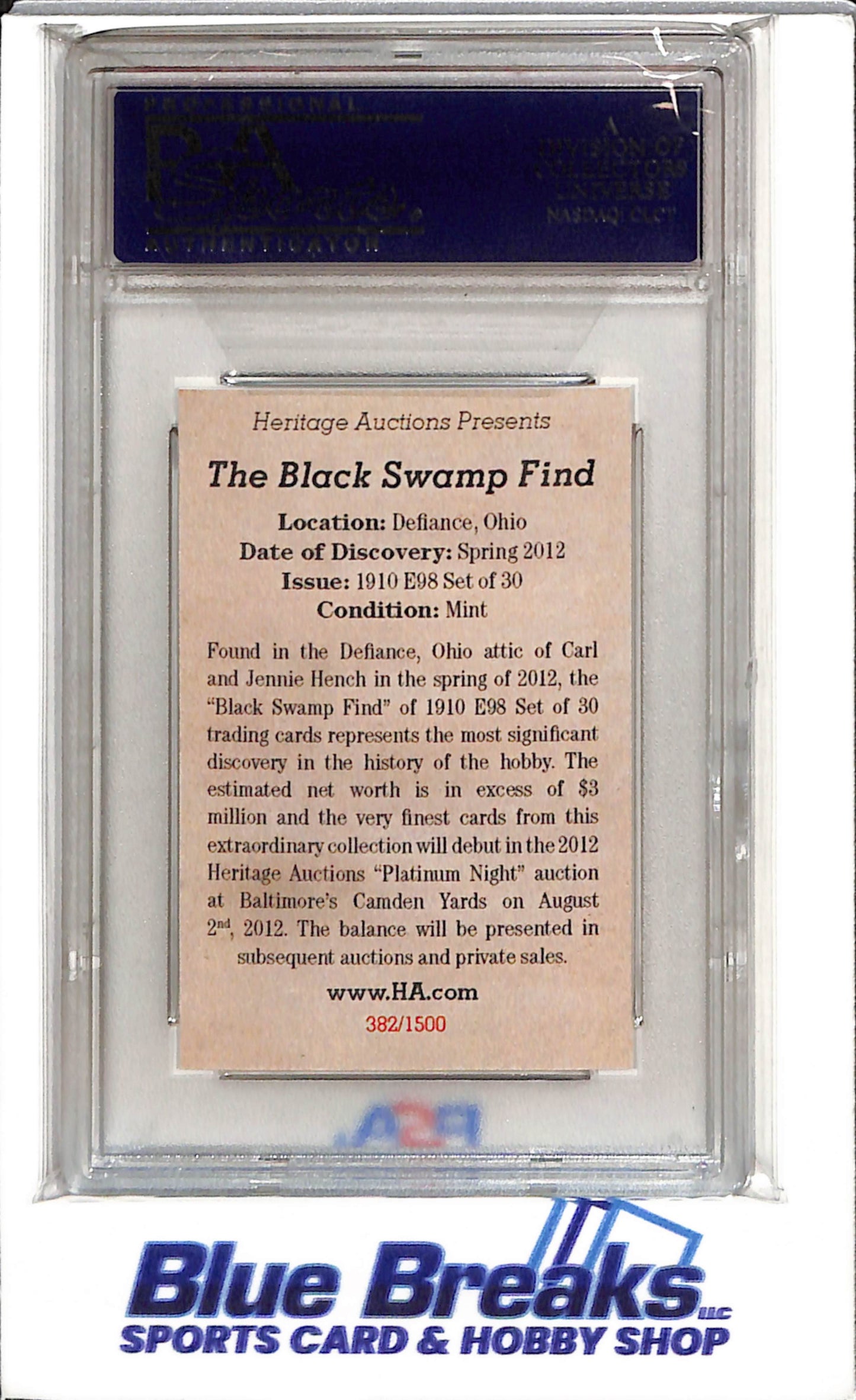 2012 National Promo - Black Swamp Find - 1910 E98 L.E. Reprint - CY Young - #382/1500 - Authenticated - Baseball - Cleveland Indians/Guardians