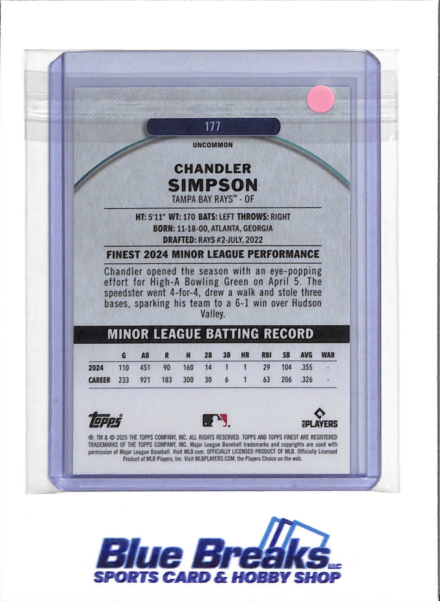 2025 Topps Finest - Blue Uncommon - Chandler Simpson - 002/150 - #177 - Baseball - Rays