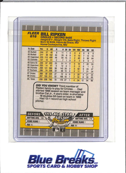 1989 Fleer - Bill Ripken - error card - #616 - Baseball - Orioles
