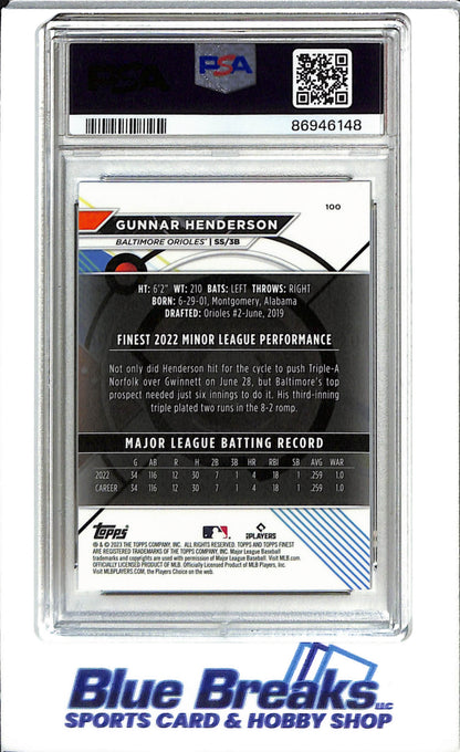 2023 Topps - Finest - Sky Blue - Gunnar Henderson - 13/300 - #100 - PSA 9 - baseball - Baltimore Orioles -drop