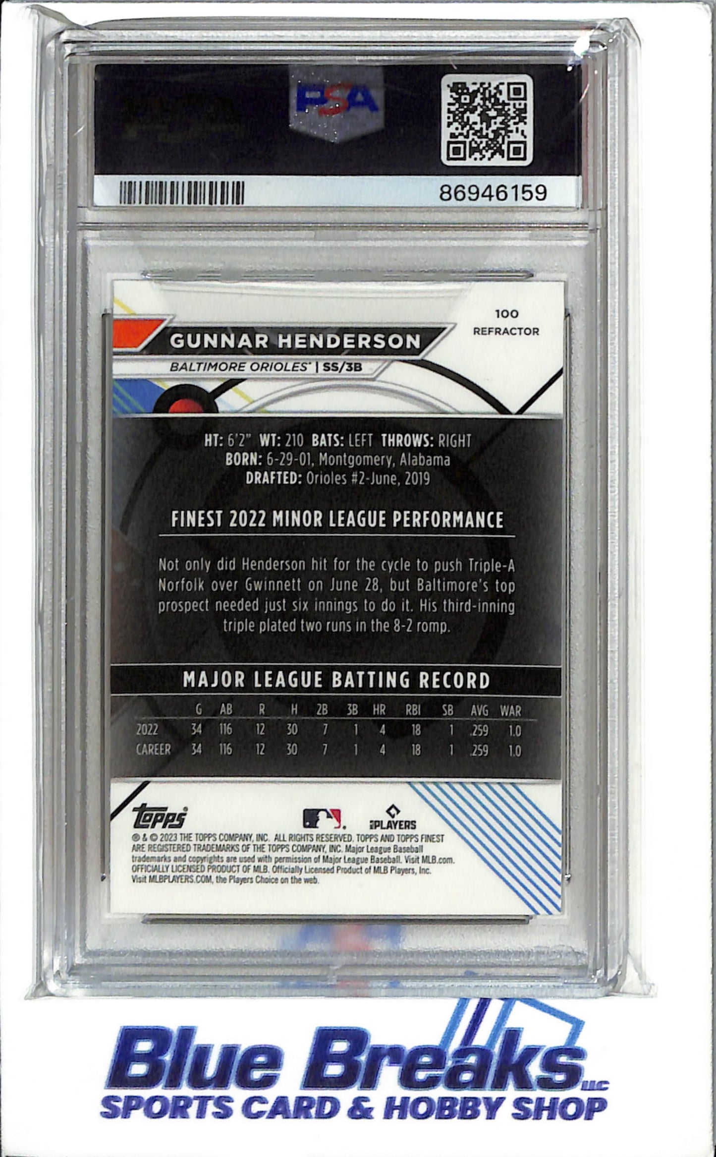 2023 - Finest -Refractor - Gunnar Henderson - #100 - Baseball - Biltmore - Orioles - PSA 9 - drop
