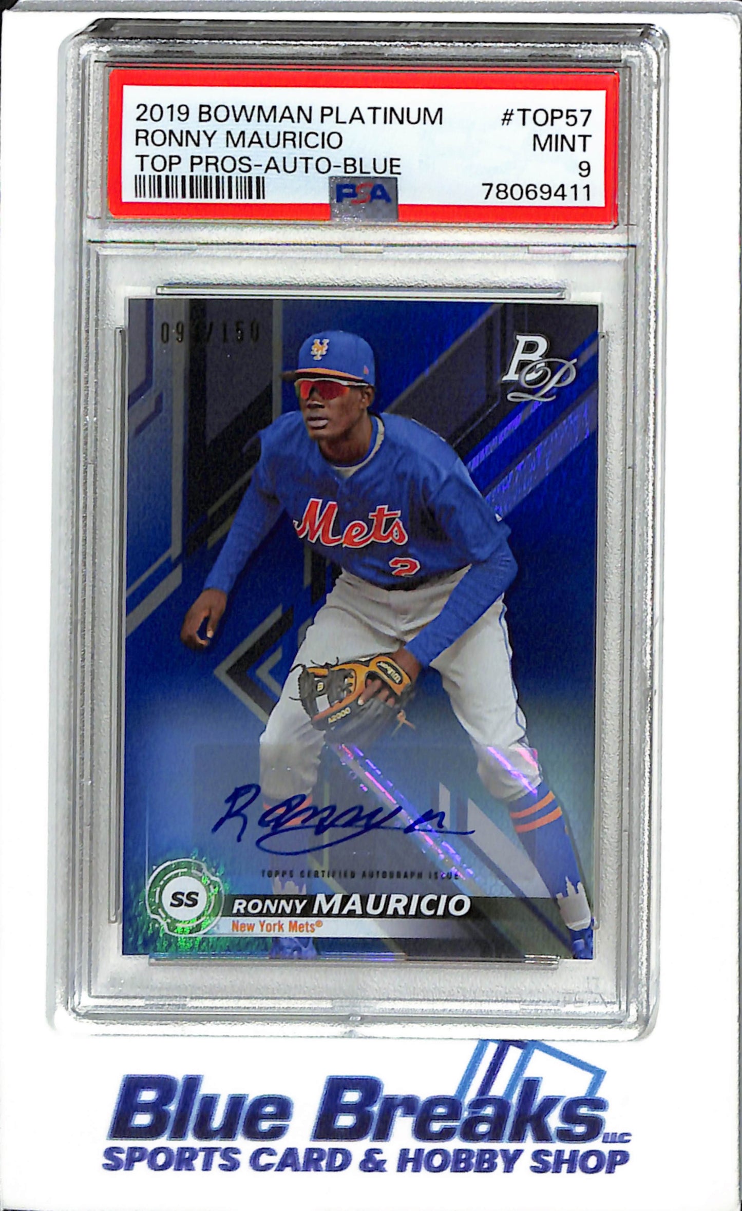2019 Bowman Platinum #TOP57 Ronny Mauricio Baseball New York Mets Top Pros-Auto-blue 33/150 PSA. 9