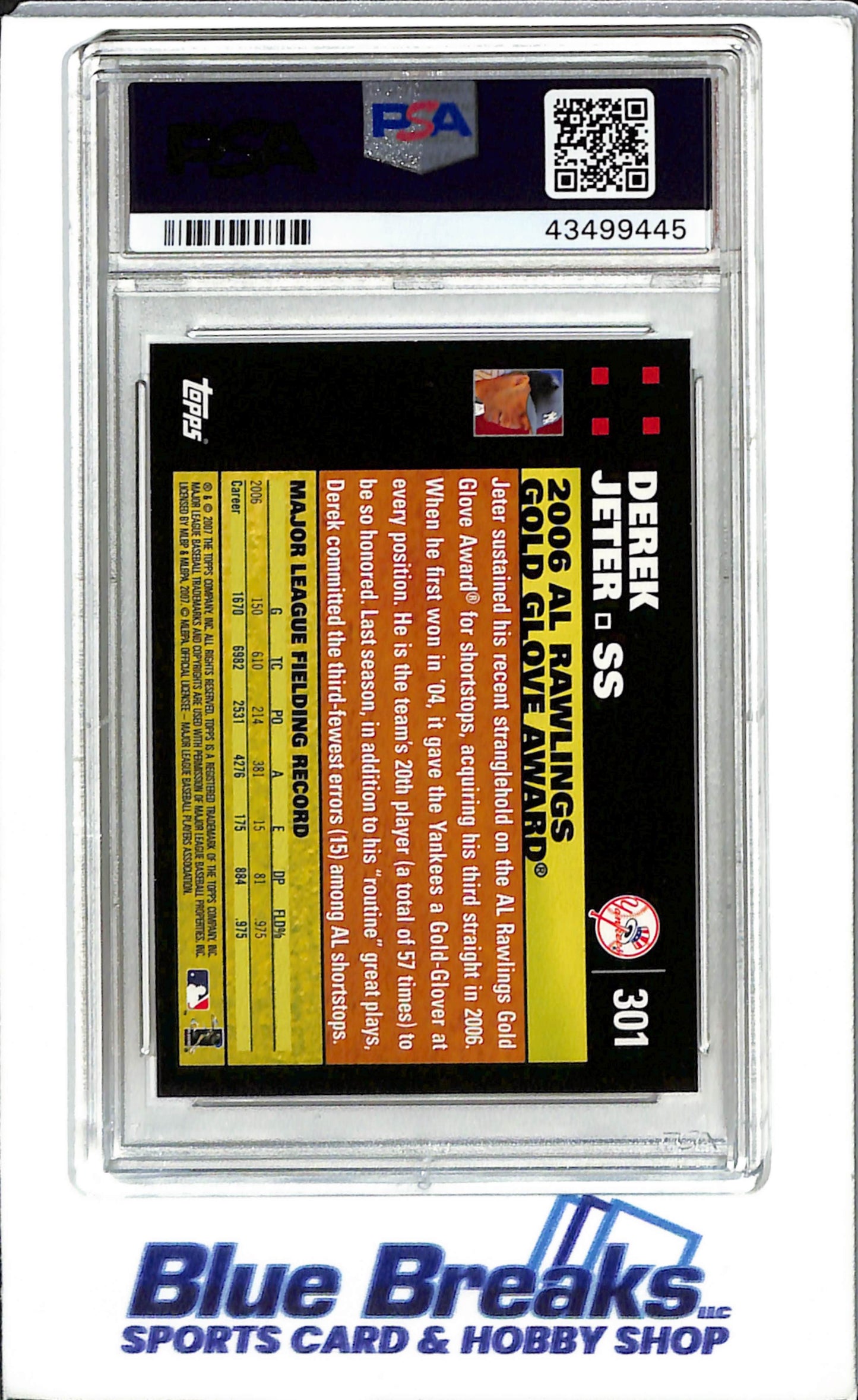 2007 Topps #301 Derek Jeter Baseball New Yurk Yankees PSA. 9