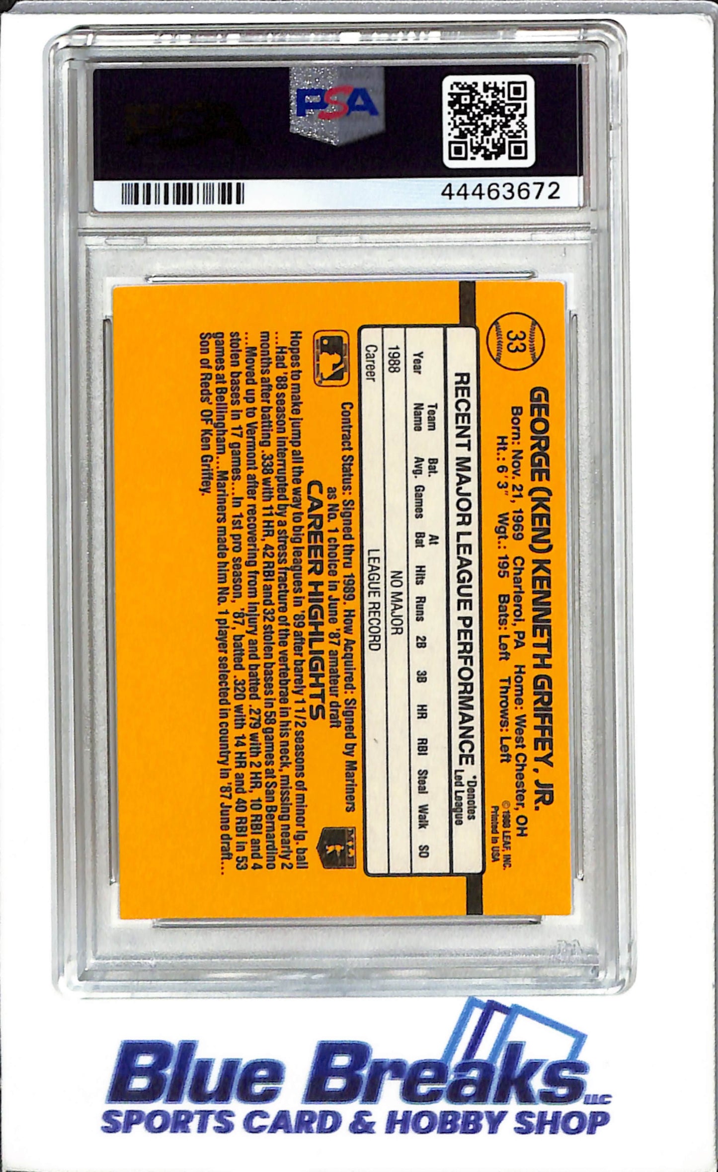 1989 Donruss #33 Ken Griffey JR. Baseball Seattle Mariners PSA. 9
