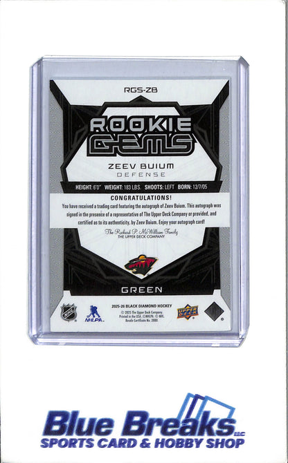 2025-26 - Upper Deck - Black Diamond - Rookie Gems - Green - Zeev Buium - auto - 5/5 - #RGS-ZB - Hockey - Minnesota Wild