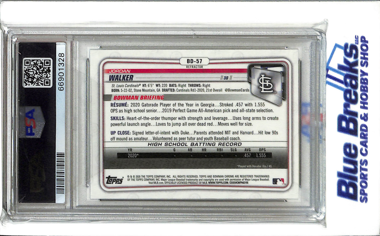 2020 Bowman Draft - Chrome - Refractor - Jordan Walker - #BD57 - PSA 10 - Baseball - St. Louis Cardinals